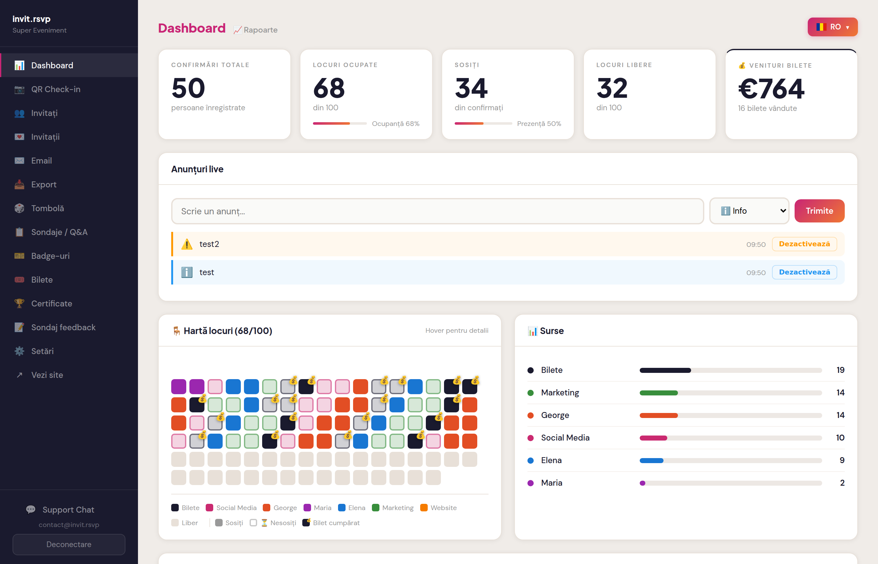 invit.rsvp admin dashboard showing seat map with color-coded guest sources, RSVP trends chart, and real-time attendance tracking